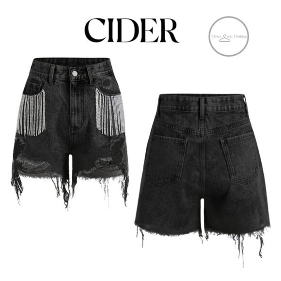 Cider Pants - Cider Diamond Tassels Ripped Denim ShortsSize XL